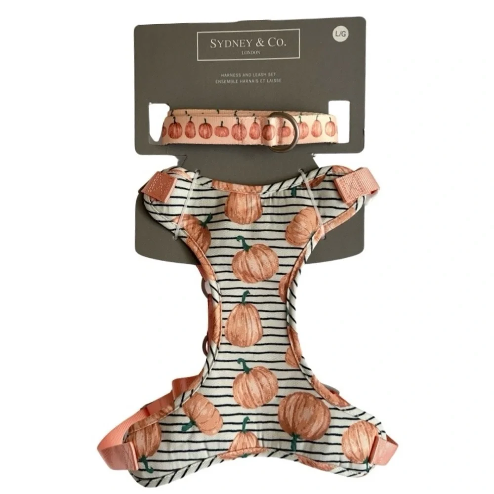 Dog London Harness and Leash Set with Pumpkins Fall Harvest Sydney & Co. Sz‎ L